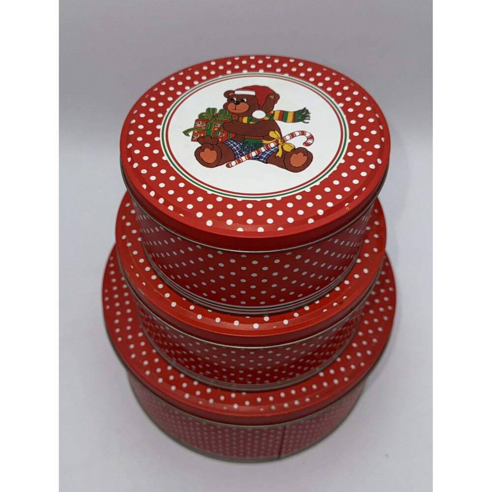 Vintage Decorative Christmas Teddy BearNesting Tins Canisters Set of 3 1980s